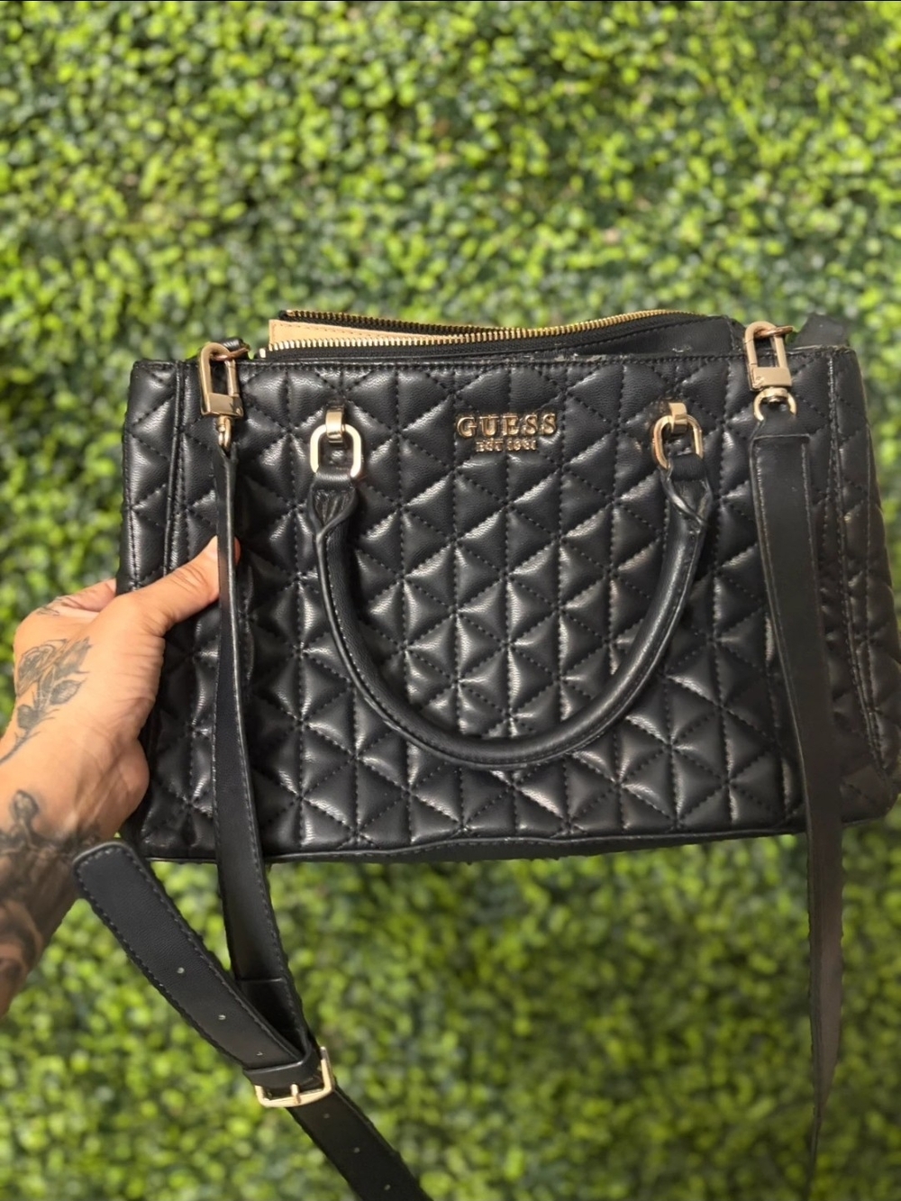 GUESS Quilted Black Satchel Handbag Crossbody Purse